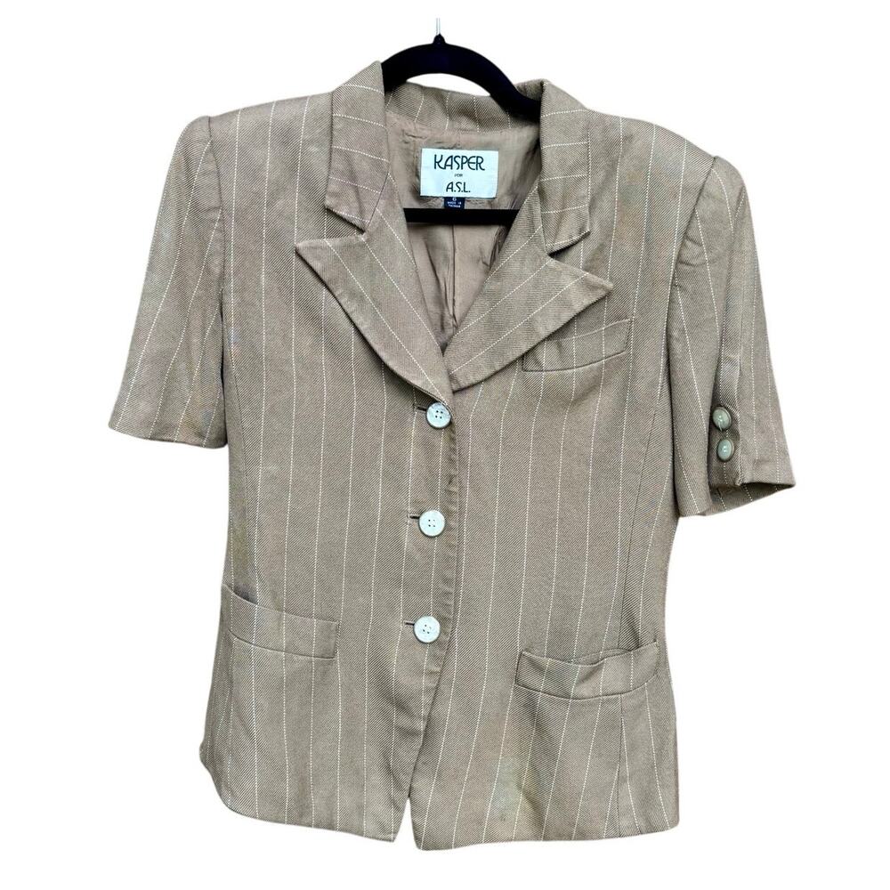 Vintage 1980s Kasper ASL Pinstripe Blazer Jacket Short Sleeve Brown Academia